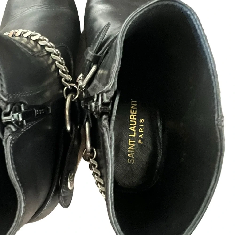 Saint Laurent Black Leather Western Chain Ankle Boots - Picture 11 of 16
